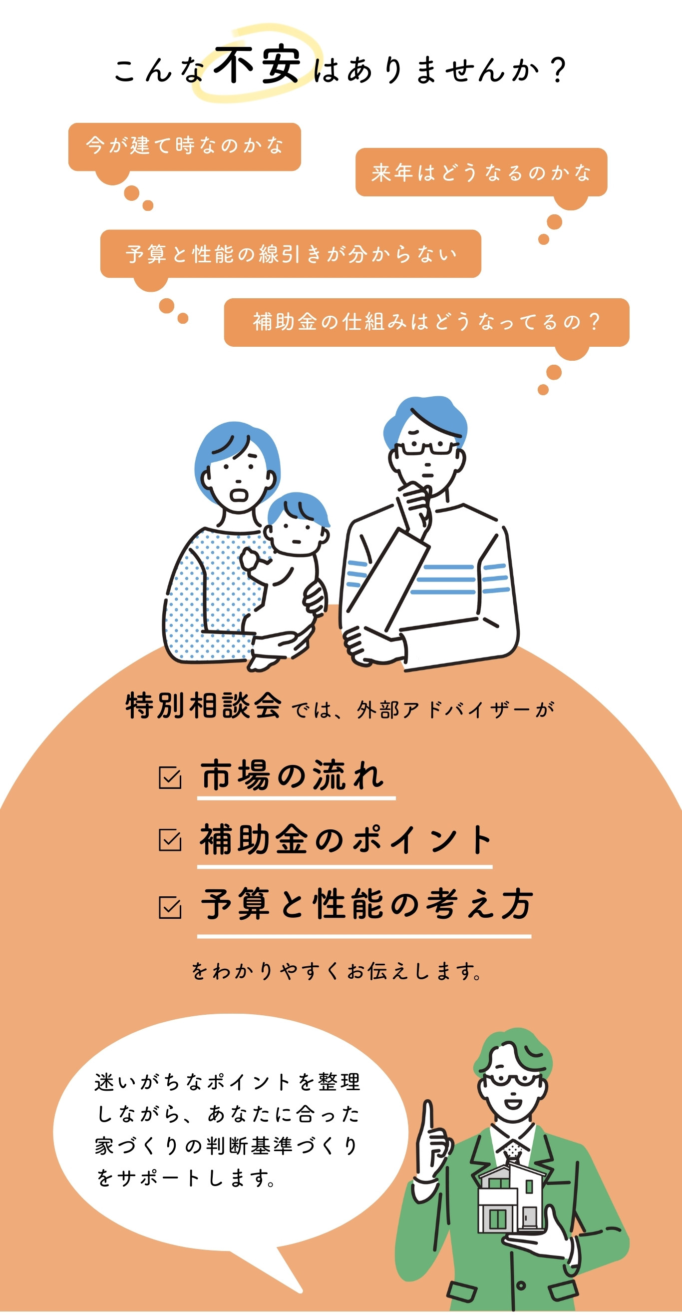 「家づくりの不安として『今が建て時なのか』『来年どうなるのか』『予算と性能の線引きが分からない』『補助金の仕組みが知りたい』といった悩みを示した新築相談会の案内画像。家族のイラストとアドバイザーのイラストを配置し、市場の流れ・補助金のポイント・予算と性能の考え方を分かりやすく説明する特別相談会であることを紹介したデザイン。」
